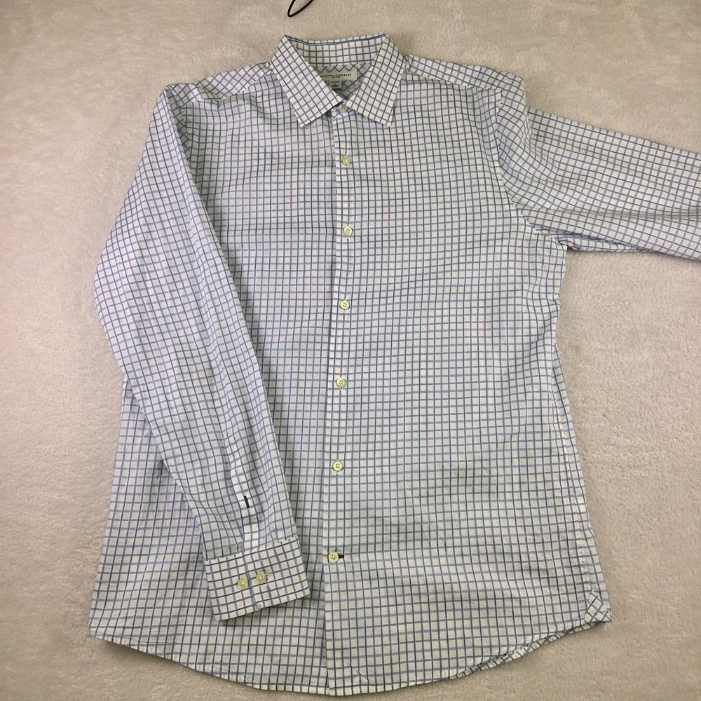 Banana Republic Mens Fitted Dress Shirt Blue White Grid Cotton Large 16-16.5